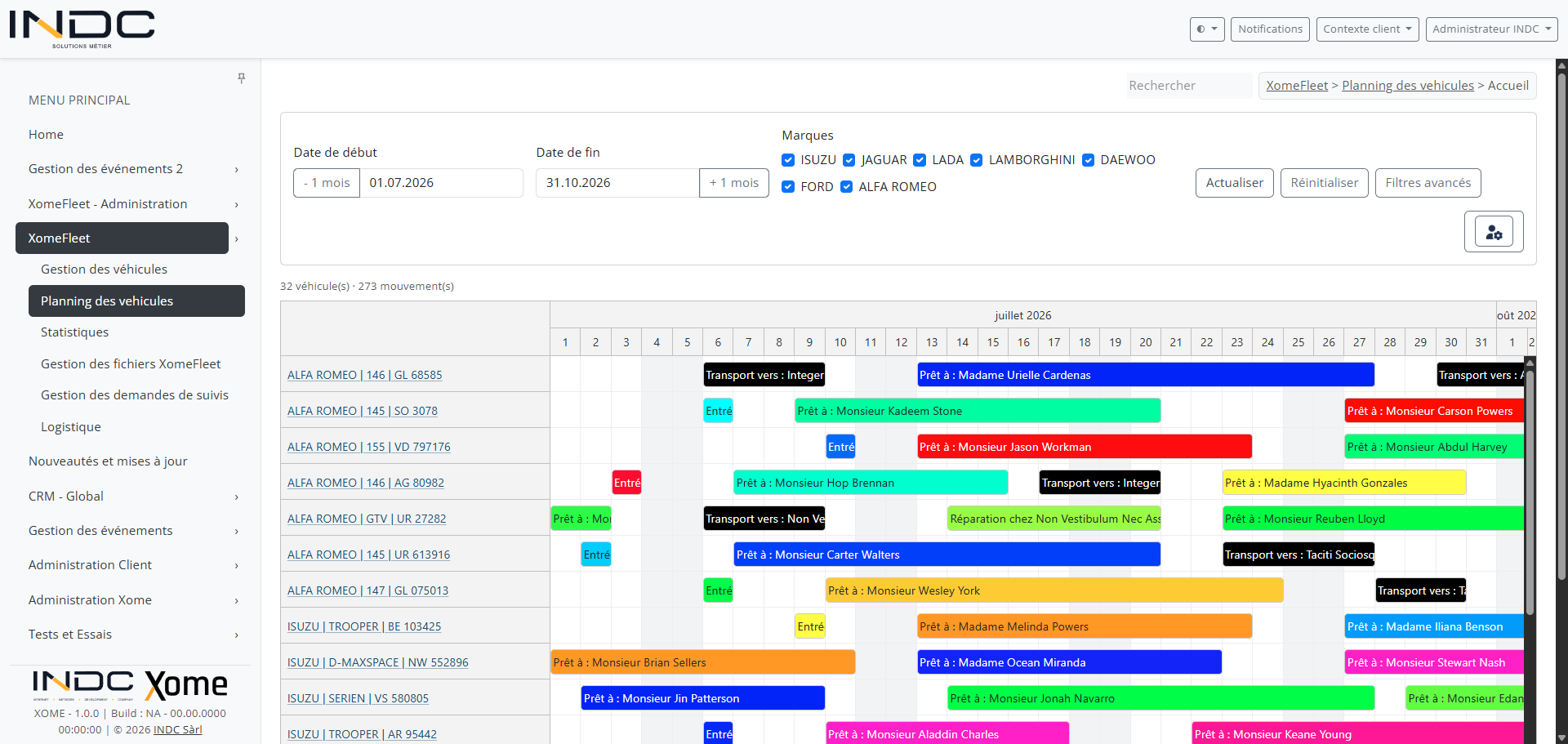 Interface XomeFleet de planification des véhicules