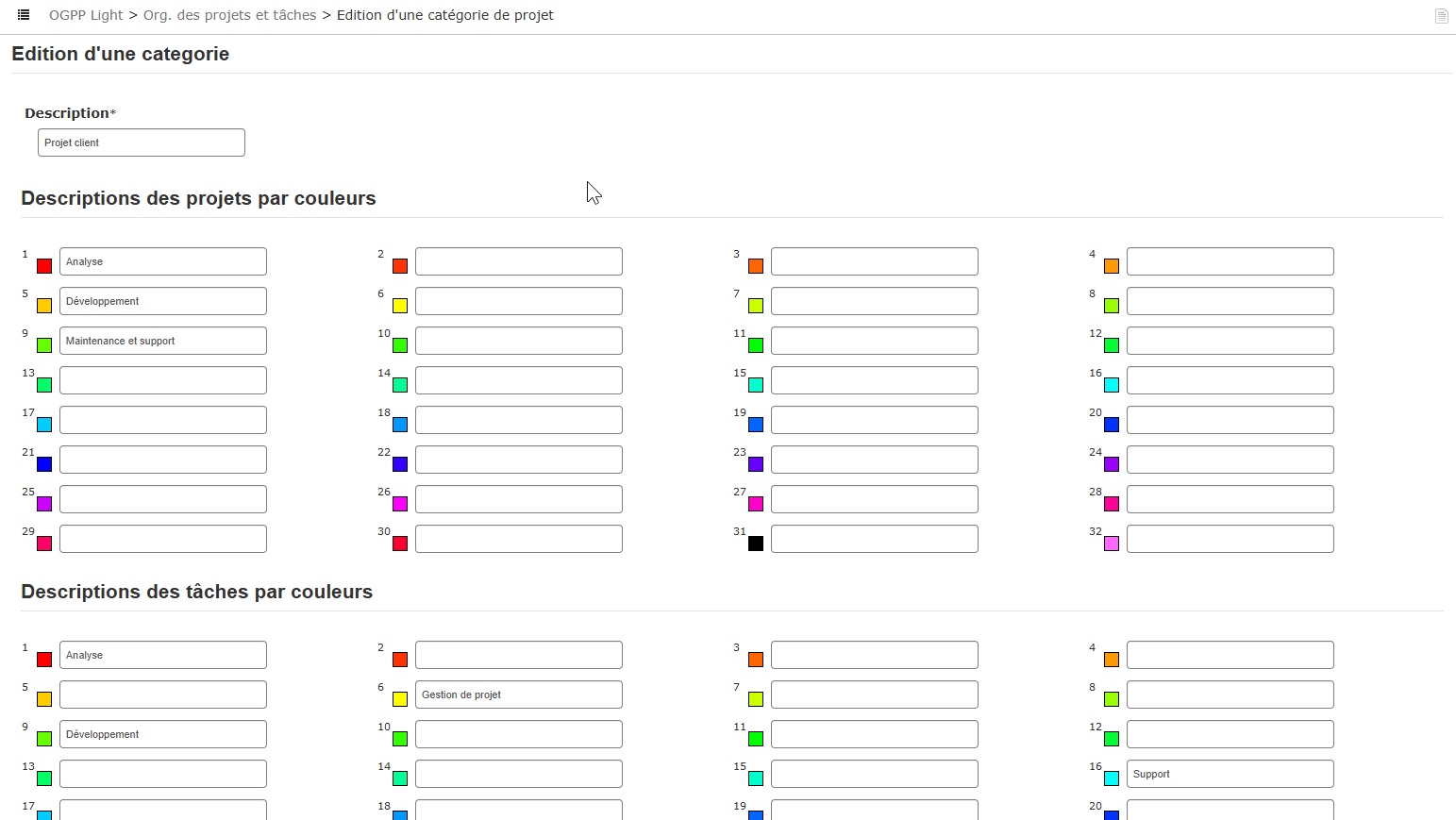 Catégories de projets et tâches